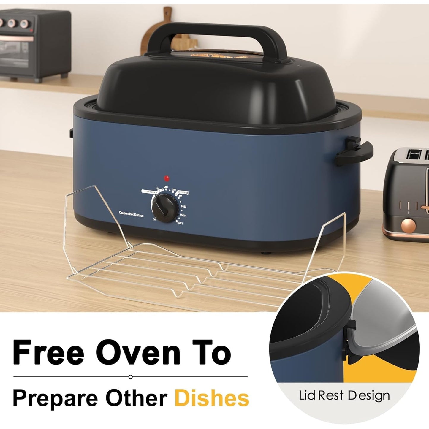 Superjoe 24 QT Electric Roaster Oven with Viewing Lid, Removable Pan & Rack, Stainless Steel, Blue