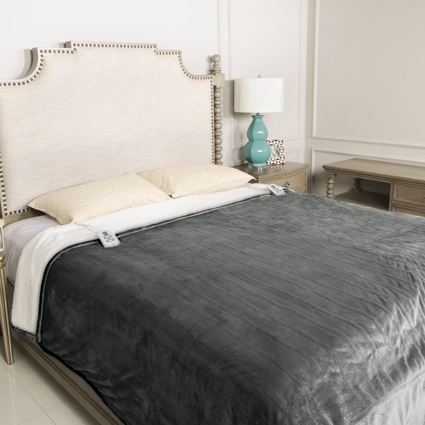 Royalcraft Heated Blanket Queen Size, Electric Throw Dual Control, 10 Heat Settings, 12 Hours Auto Off, Soft Flannel and Sherpa, Machine Washable, ETL Certified,Grey