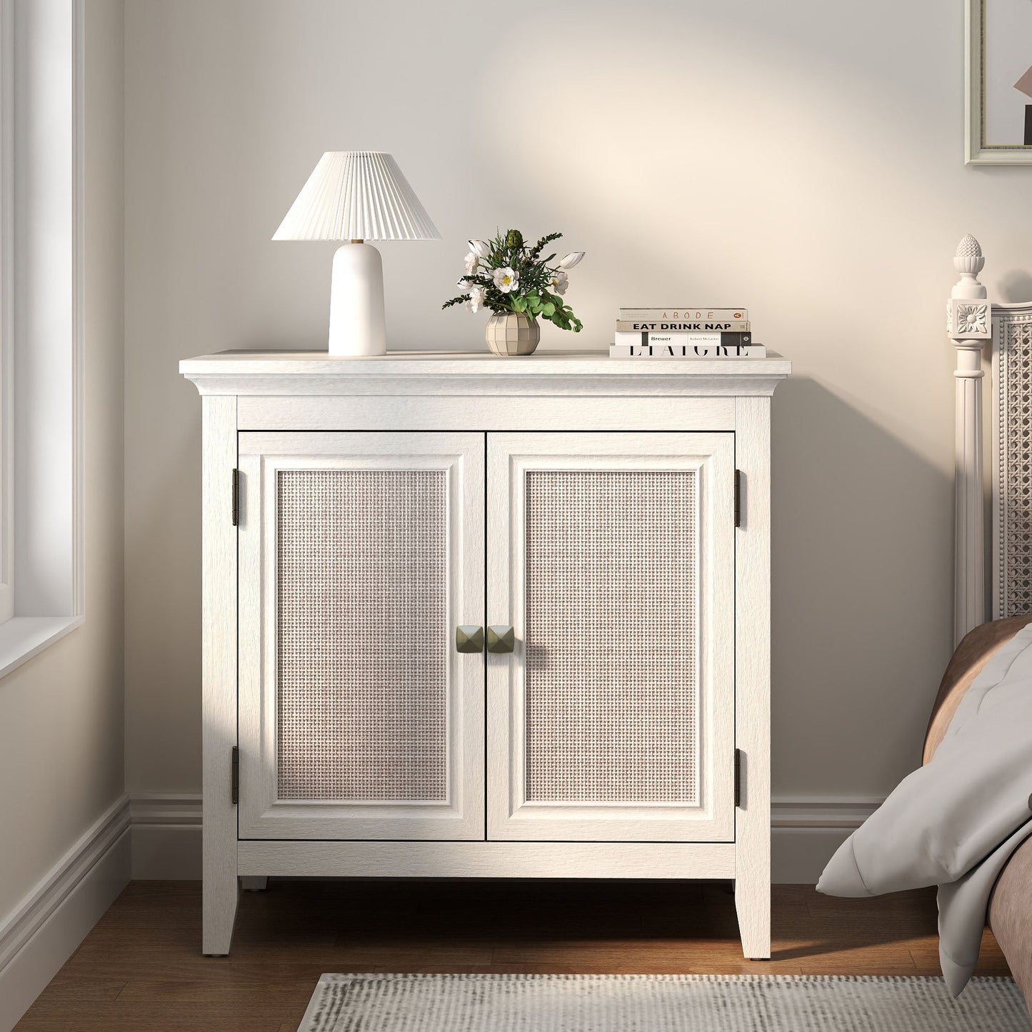 Storage Cabinet, Kitchen Sideboard Cabinet with Rattan Decor Doors, Accent Buffet Cabinet with Adjustable Storage Shelf, Wood Cabinet Organizer for Hallway, Dining Room, Living Room