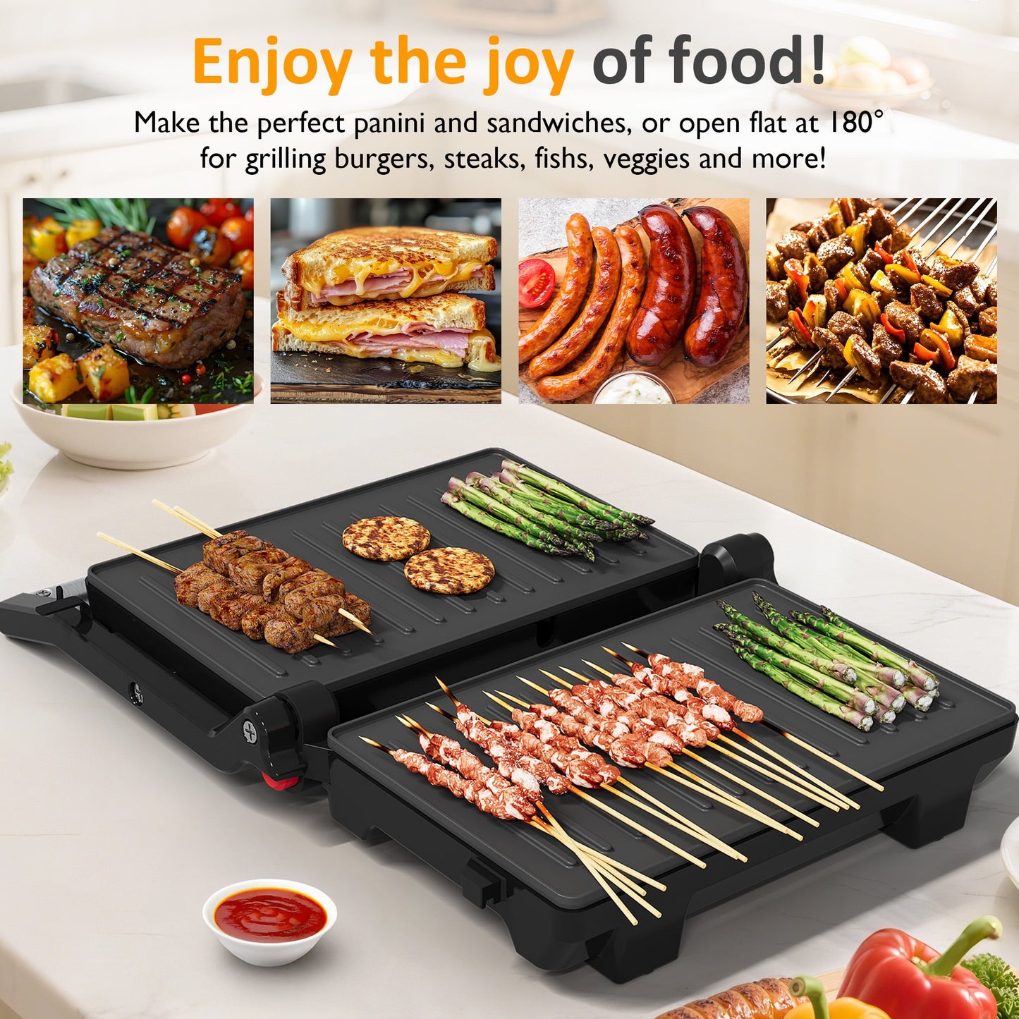Heynemo 3-in-1 Portable Panini Press Sandwich Maker with Nonstick Interior, 1000W