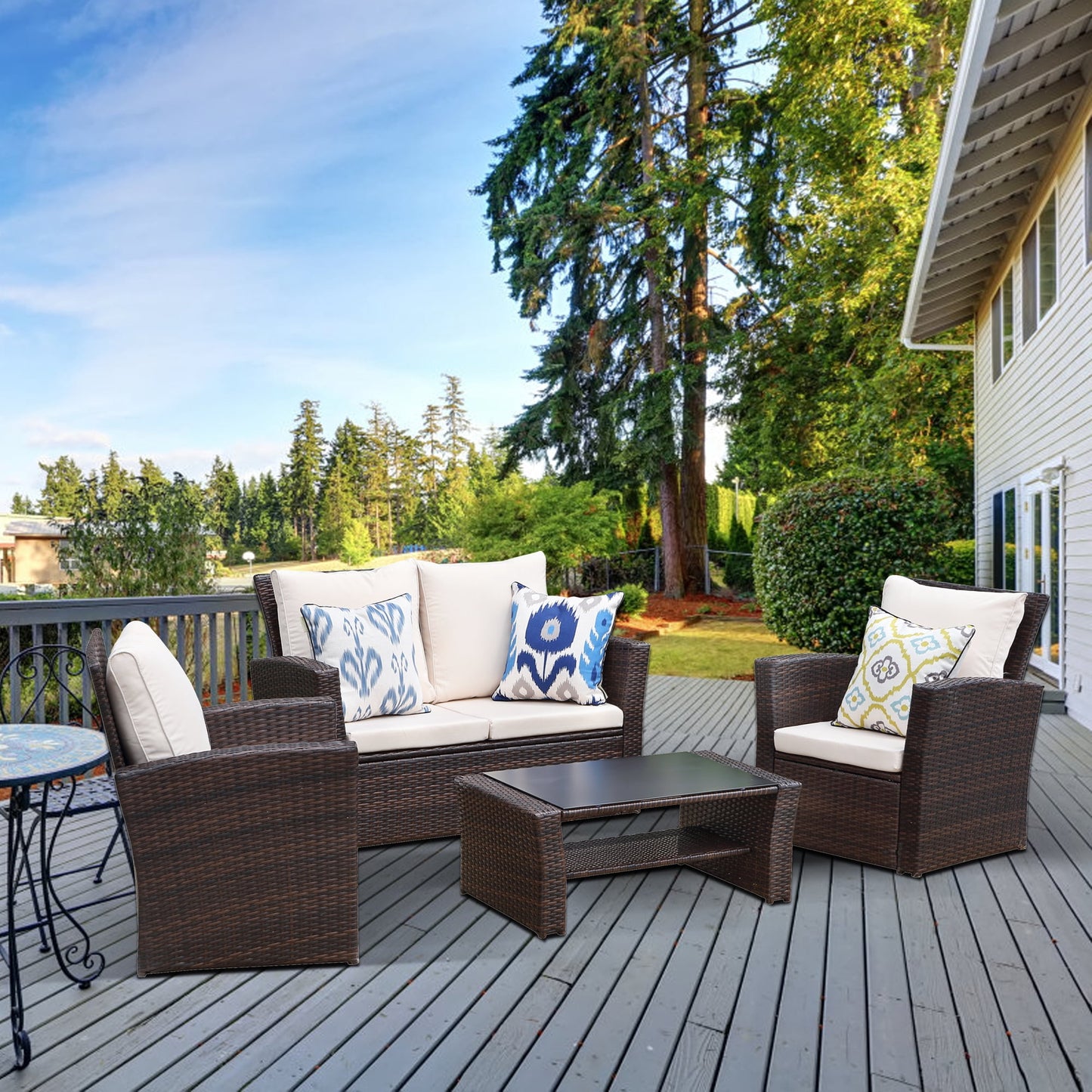 All-Weather Outdoor Patio Furniture Set - 4-Piece Wicker Rattan Sectional Conversation Set with Table and Cushions, Gray