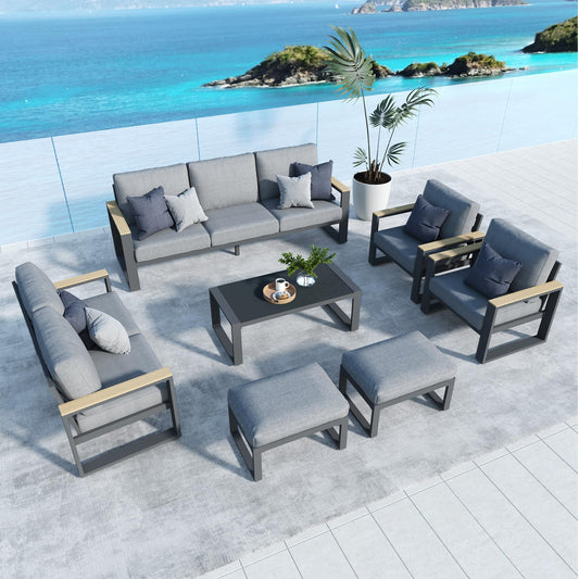 Aluminum Outdoor Patio Furniture Set with Height-adjustable Footrest for Lawn Porches Patio, 6 Piece All-weather Patio Sofa Sets with Coffee Table & Ottomans, Outdoor Patio Conversation set, Grey