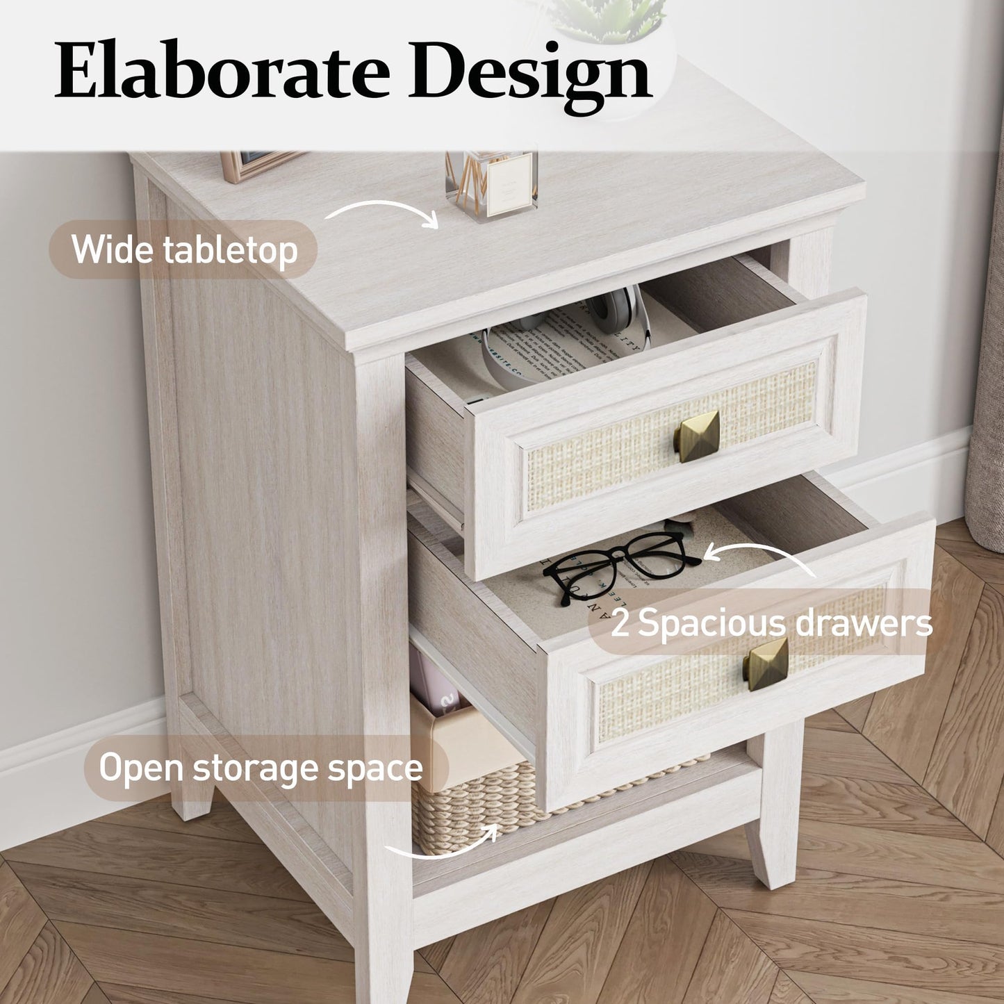 May in Color Boho Rattan Wood Accent Nightstand with Drawer, 27" Tall End Table with Storage Shelf, Grayish White Bedside Table, Chairside Couch Coffee Table