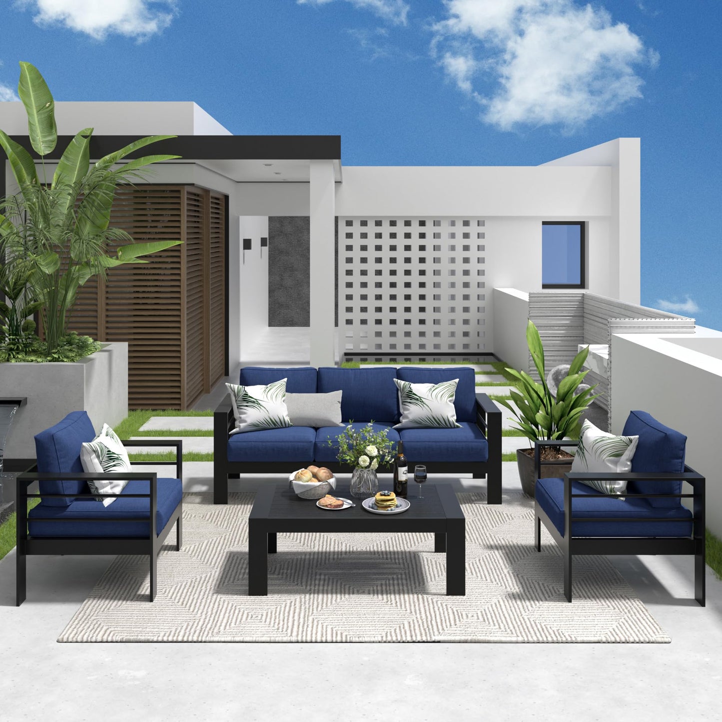 CozyHome Outdoor Couch Aluminum Patio Furniture Sofa, 3-Seat All-Weather Metal Outdoor Patio Furniture with Cushions,Deep Blue