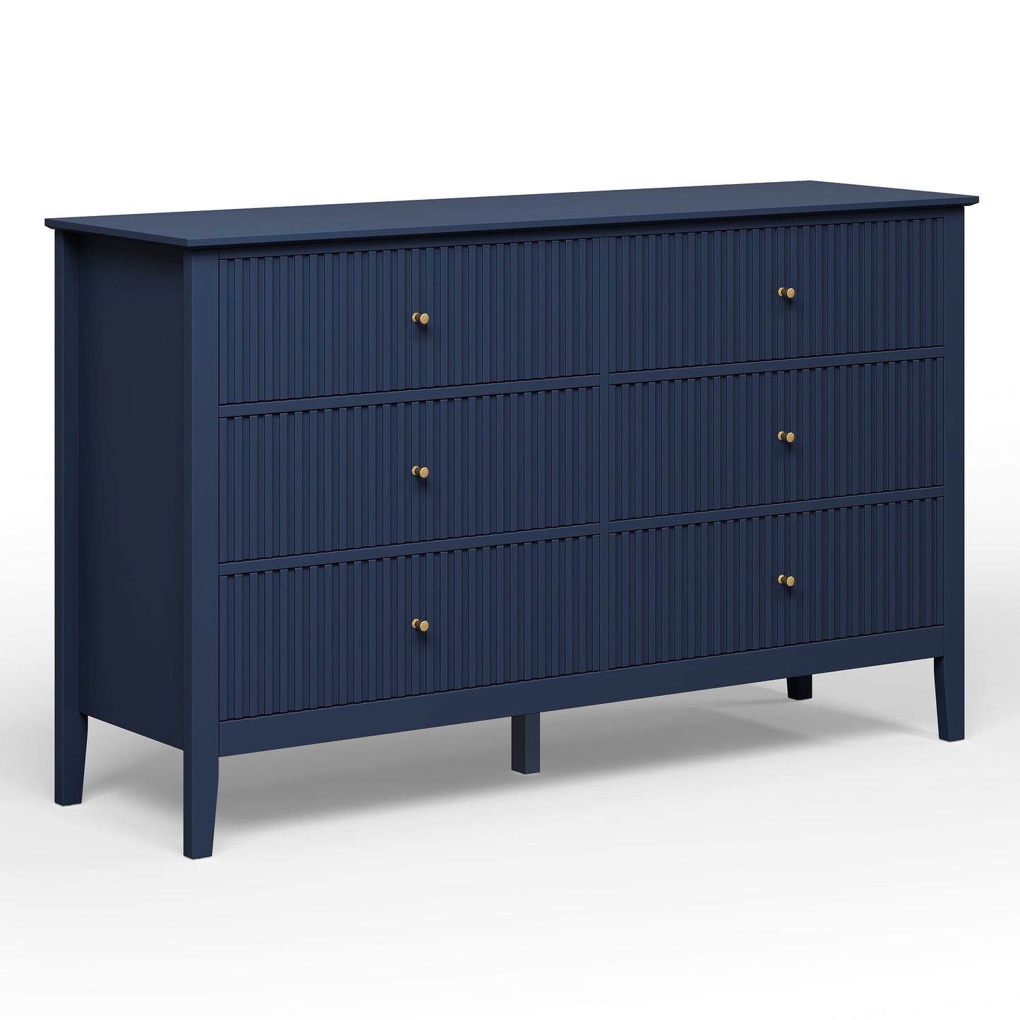 May in Color Fluted 6 Drawer Dresser, Wide Modern Chest of Drawers, Large Wood Storage Cabinet Organizer for Bedroom, Living Room, Hallway, Entryway, Blue