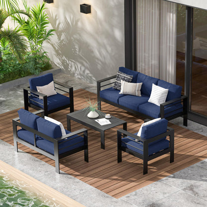 May in Color Aluminum Outdoor Patio Furniture Set, 7 Seats Modern Patio Sectional Sofa Conversation Set, Outdoor Seating Set with Coffee Table for Deck Garden Backyard, Blue