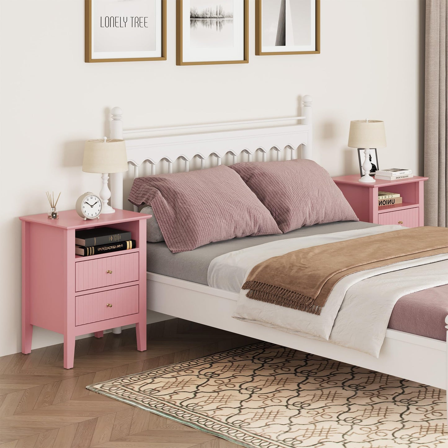 May in Color Fluted Nightstand with 2 Drawers, Modern Wooden Sofa Table with Storage for Small Spaces, Tall End Table for Bedroom