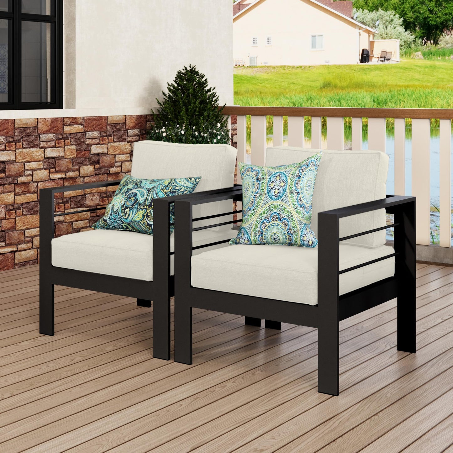 CozyHome Patio Furniture Metal Armchair,2 PCS All-Weather Aluminum Garden Outdoor Contemporary Sofa Chair with Cushions, Beige