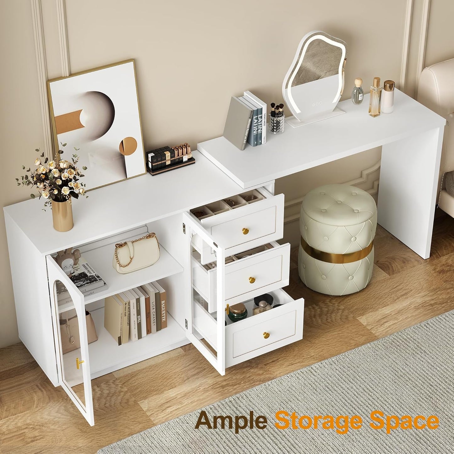 RoyalCraft 83?¡À Large Extendable Makeup Vanity Desk, Corner Vanity Table with 3 Drawer & 2 Door, Modern Dressing Table and Chest of Drawers Combo, Accent Vanity for Bedroom, Dressing Room