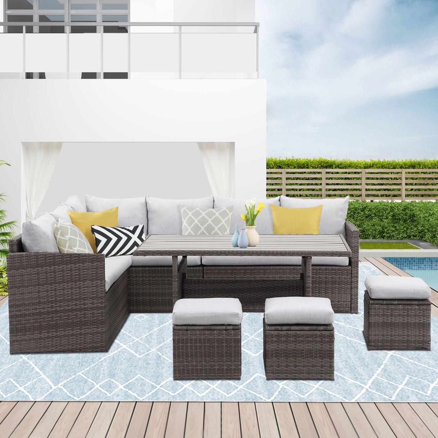 Heynemo 7 Pcs Outdoor Wicker Dining Set Patio Set with Table and Ottoman, Steel Frame, Gray