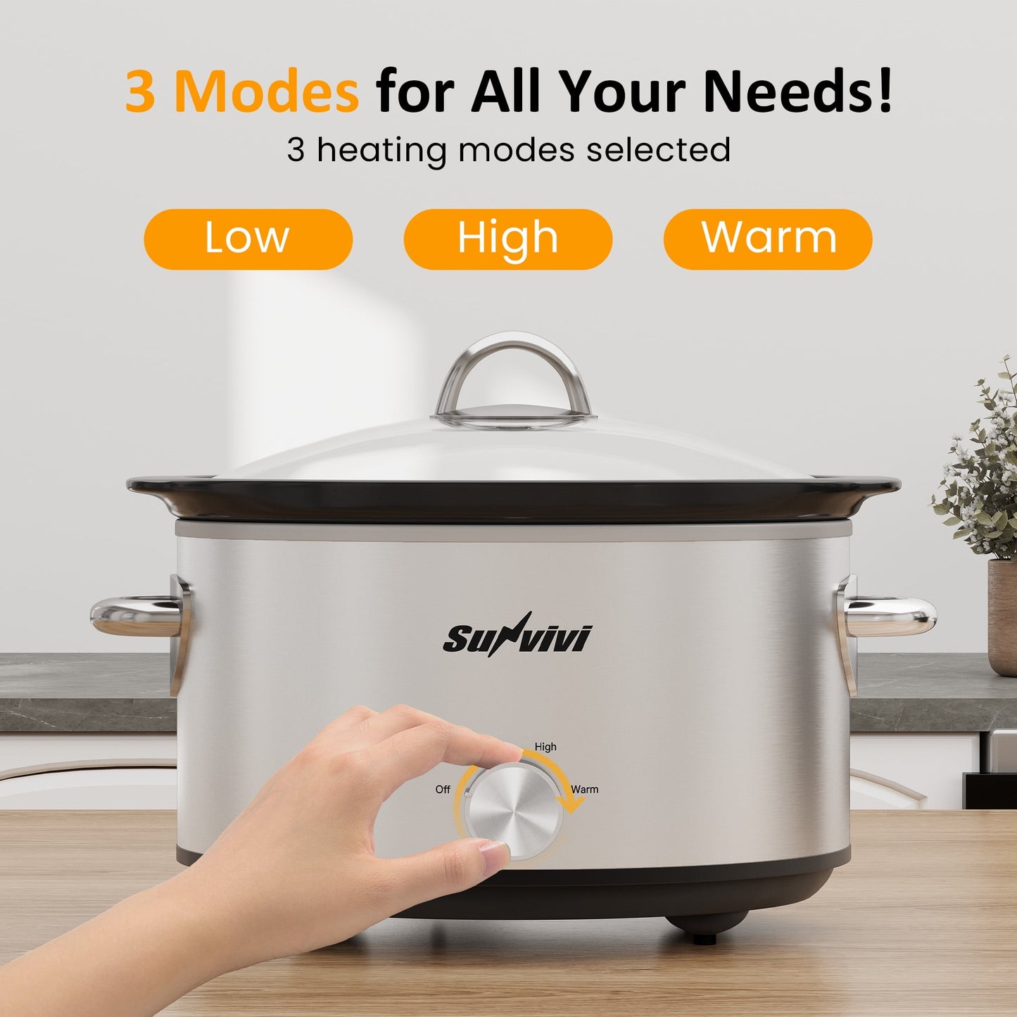Heynemo 4QT Compact Slow Cooker & Food Warmer with 3 Temperature Settings, Dishwasher Safe - Silver