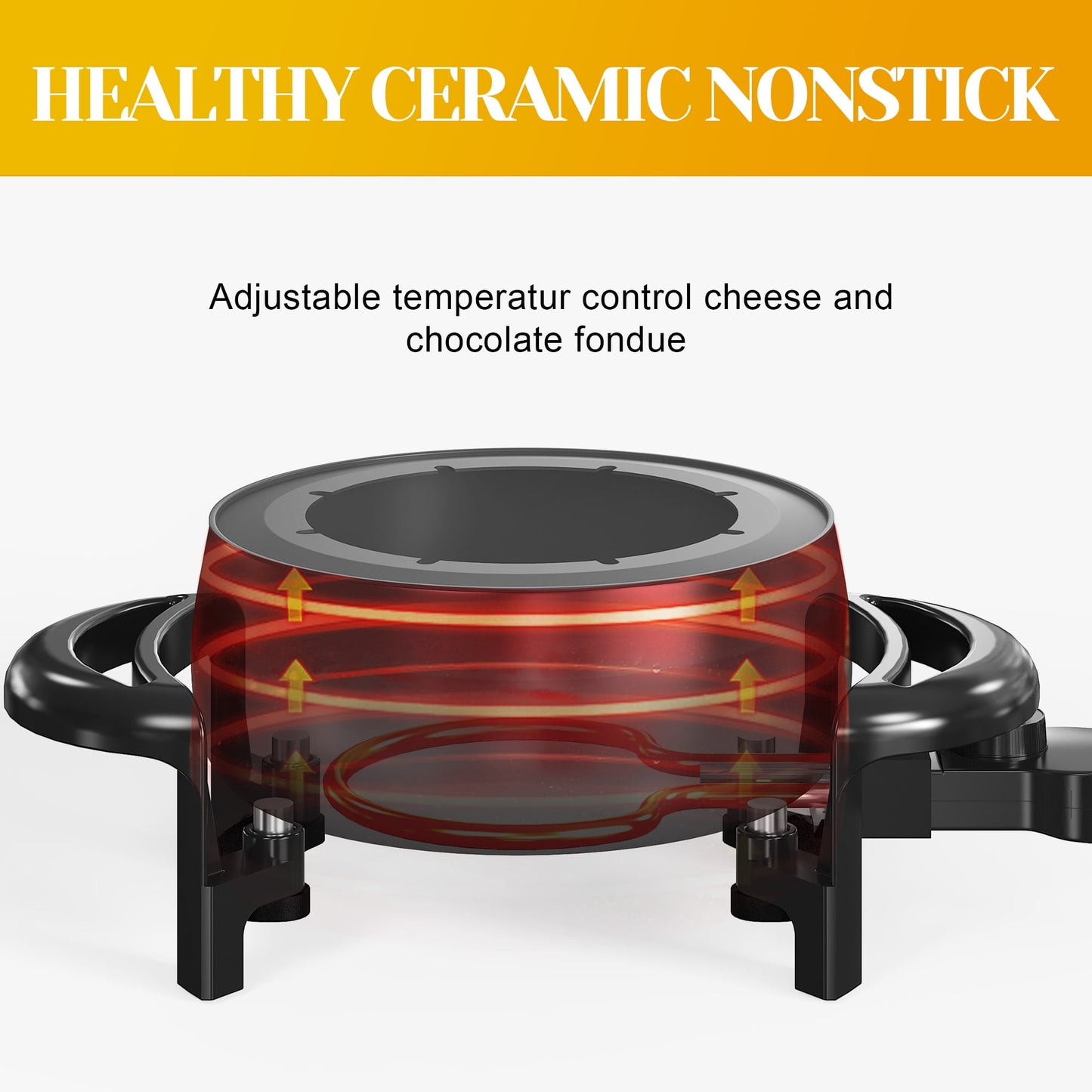Heynemo 3 QT Fondue Set, Electric Fondue Pot Set for Melting Chocolate & Cheese, 1000W Non-Stick Fondue Maker with Adjustable Temperature Control and 8 Color-Coded Forks, Ideal for Dessert & Broth