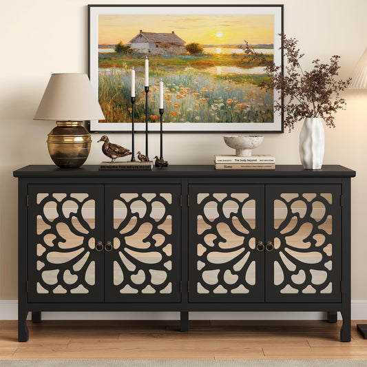 May in Color Carved Sideboard Cabinet with Storage, 63'' Modern Buffet Cabinet with Mirrored Door and Adjustable Shelves, Accent Cabinet for Entryway, Dining Room
