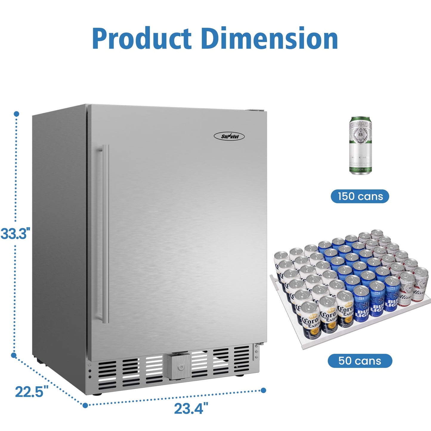 Sunvivi Outdoor & Indoor Beverage Refrigerator, 24 Inch Stainless Steel Under Counter Drink Fridge, Silver Weatherproof Can Cooler Wine Chiller with Lock for Kitchen, Office, Patio, Bar, Home