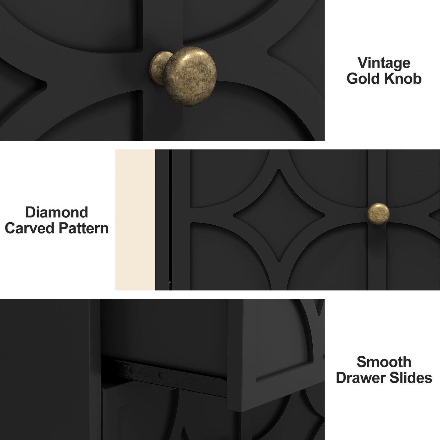 Heynemo Modern Accent Side Table with 2 Drawers, Gold Knobs, and Diamond Carvings, Large Night Stand for Living Room, Bedroom, Entryway, Black