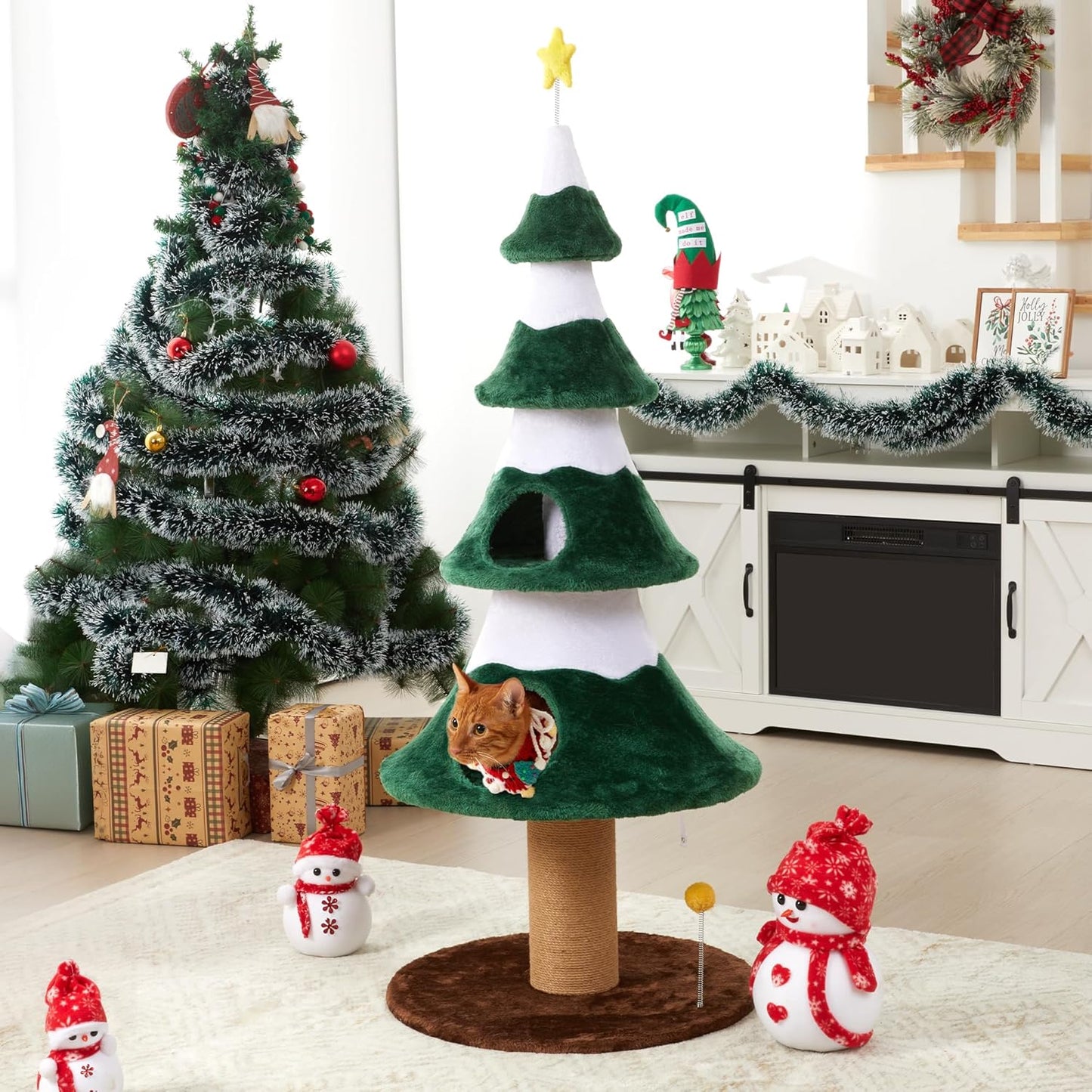 Keygarzone Christmas Tree Cat Tower for Indoor Cats, Multi-Level Wooden Cat Tree