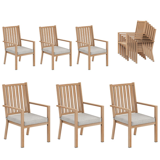 May in Color Patio Dining Chair Set of 6, Aluminum Outdoor Dining Chairs with Waterproof Cushions, Metal Outdoor Patio Furniture Seating for Porch, Balcony, Deck, Backyard, Light Wood Color