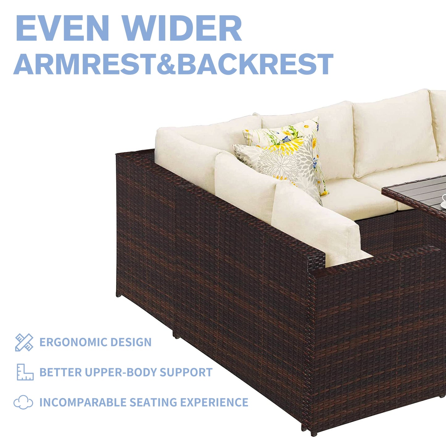 Heynemo 7 Piece Outdoor Patio Furniture Set, Dining Sectional Sofa with Dining Table and Chair, All Weather Wicker Conversation Set with Ottoman, Beige