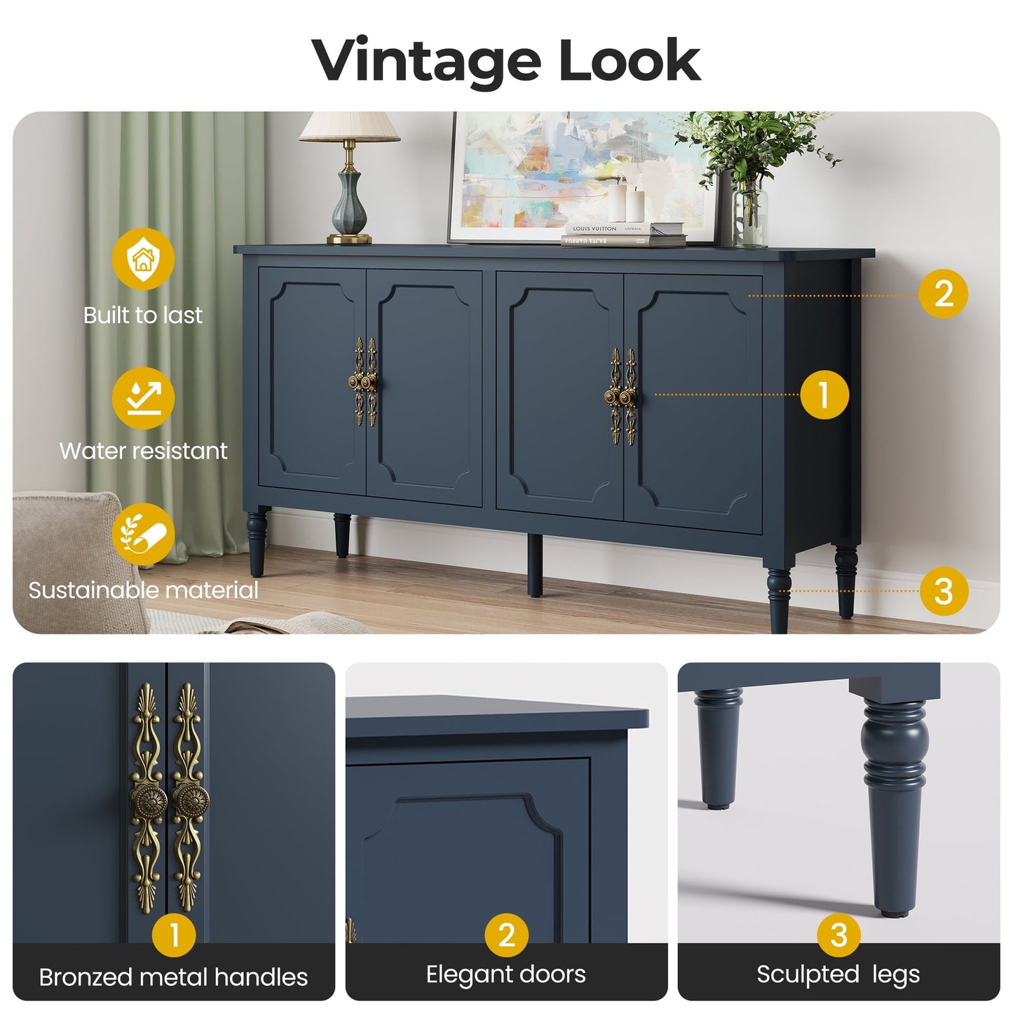 May in Color 58" Wood Buffet Cabinet, Mid-Century Modern Console Cabinet, with 4 Door & Media Storage, for Entryway, Living Room, Dining Room, Bedroom, Blue