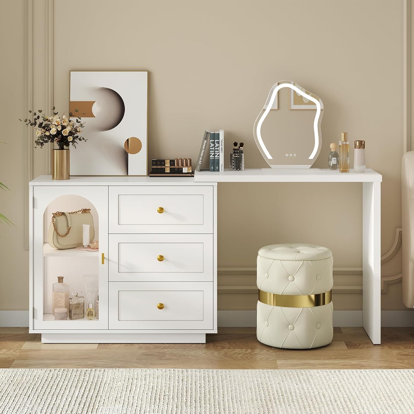 RoyalCraft 59?¡À Large Extendable Makeup Vanity Desk, Corner Vanity Table with 3 Drawer & 1 Door, Modern Dressing Table and Chest of Drawers Combo, Accent Vanity for Bedroom, Dressing Room