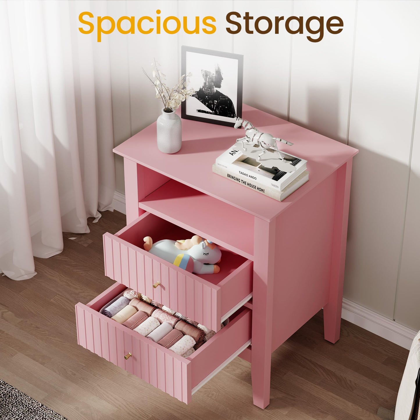 May in Color Fluted Nightstand with 2 Drawers, Modern Wooden Sofa Table with Storage for Small Spaces, Tall End Table for Bedroom