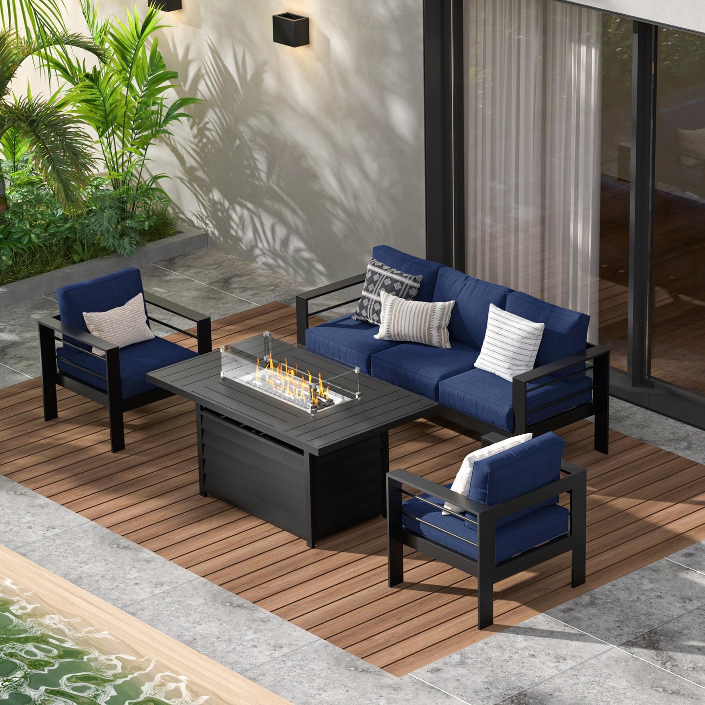 May in Color Aluminum Outdoor Patio Furniture Set, 5 Seats  Modern Patio Sectional Sofa Conversation Set, Outdoor Seating Set with Fire Pit Table for Deck Garden, Beige
