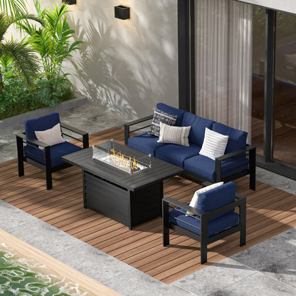 May in Color Aluminum Outdoor Patio Furniture Set, 5 Seats  Modern Patio Sectional Sofa Conversation Set, Outdoor Seating Set with Fire Pit Table for Deck Garden, Beige