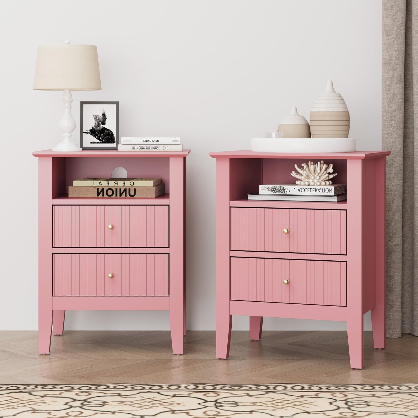 May in Color Fluted Nightstand with 2 Drawers, Modern Wooden Sofa Table with Storage for Small Spaces, Tall End Table for Bedroom