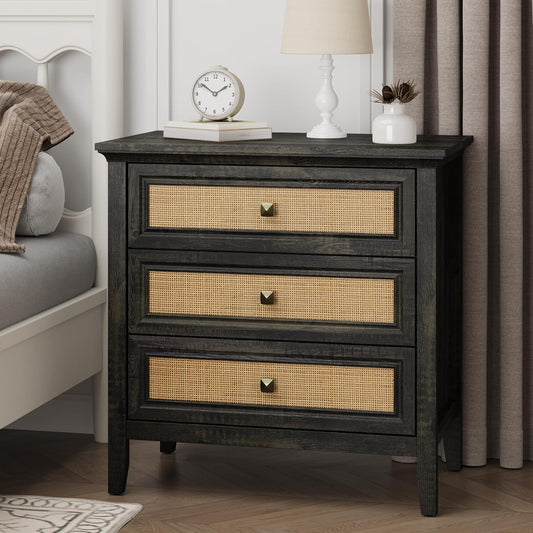 Heynemo White Dresser for Bedroom, Boho Tall Dresser with 3 Rattan Decorated Drawers, Modern Wood Chest of Drawers for Closet, Entryway,Grey