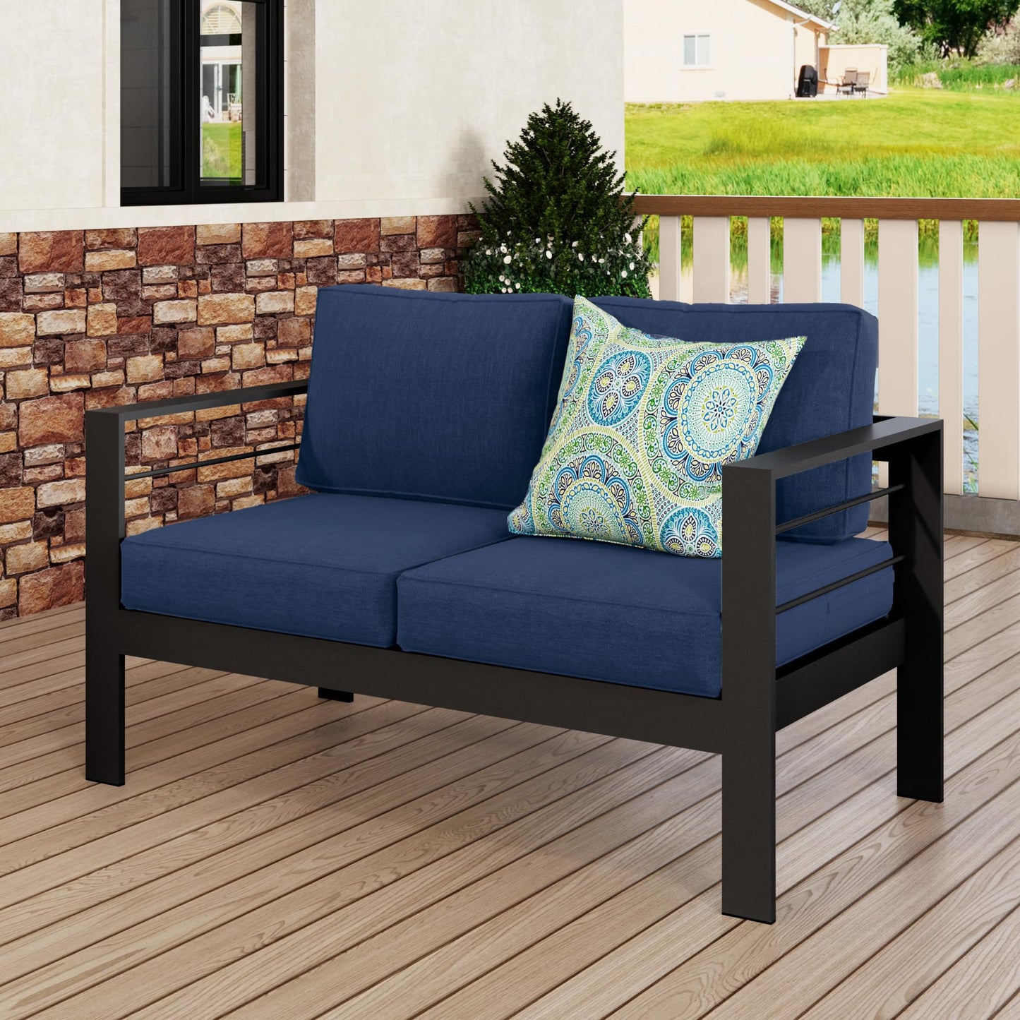 May in Color Outdoor Loveseat Aluminum Patio Furniture Sofa, All-Weather Metal Outdoor Couch with Cushions,Deep Blue