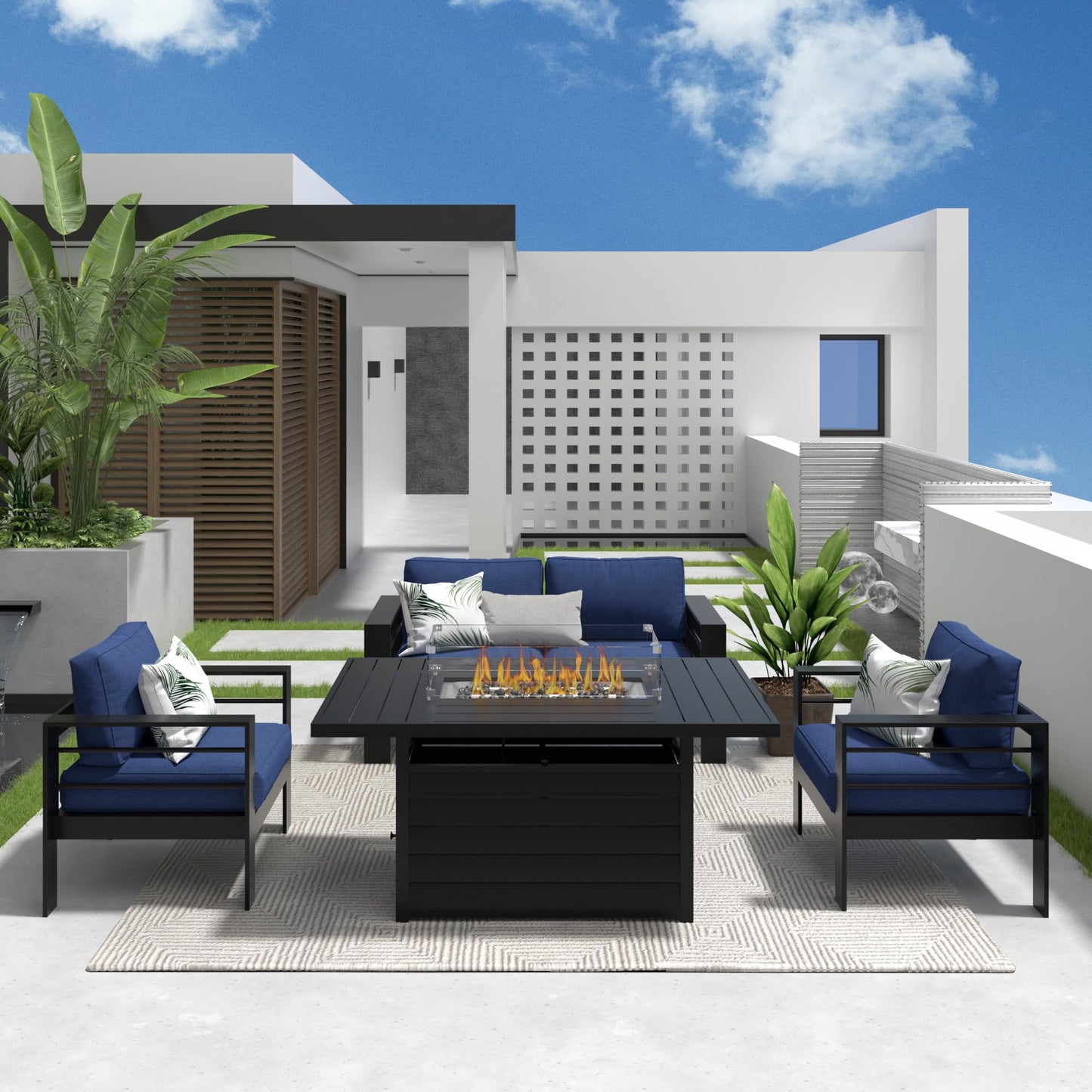 May in Color Patio Furniture Metal Armchair,2 PCS All-Weather Aluminum Garden Outdoor Contemporary Sofa Chair with Cushions,Deep Blue
