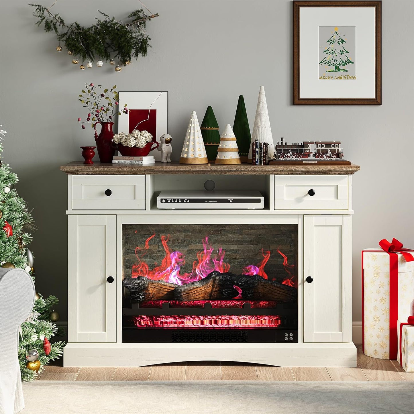 RoyalCraft TV Stand with 28'' Fireplace for TVs up to 55'', Media Console Table with Adjustable Shelves, Double-door Design, Entertainment Center for Living Room, Bedroom