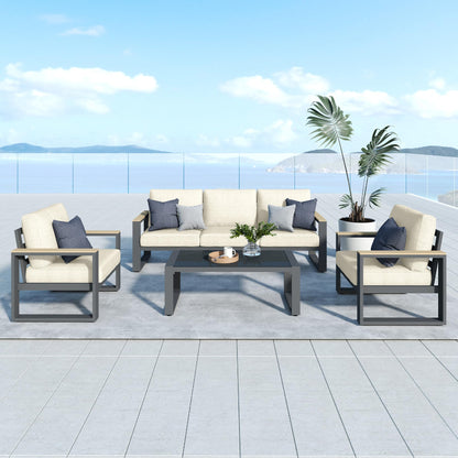 Heynemo Aluminum Patio Furniture, 5-Seats Metal Outdoor Furniture Set with Coffee Table, Modern Patio Sofa Sets Outdoor Conversation Set for Pool Garden Porch Backyard, Beige