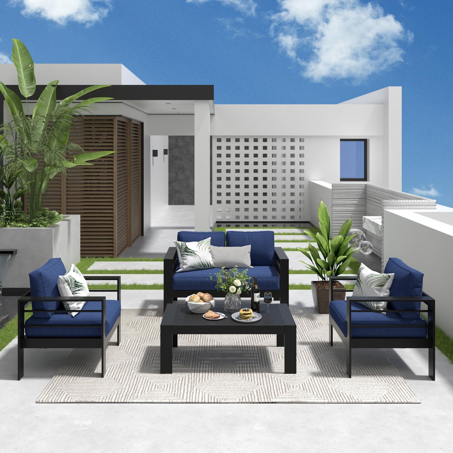 May in Color Outdoor Loveseat Aluminum Patio Furniture Sofa, All-Weather Metal Outdoor Couch with Cushions,Deep Blue