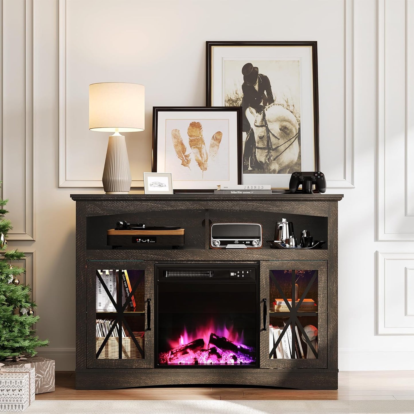 Royalcraft 47'' Farmhouse TV Stand with Fire Place, Retro TV Console with Glass Doors, Media Entertainment Center with Adjustable Shelves for 18'' Fireplace, Suitable for Living Room