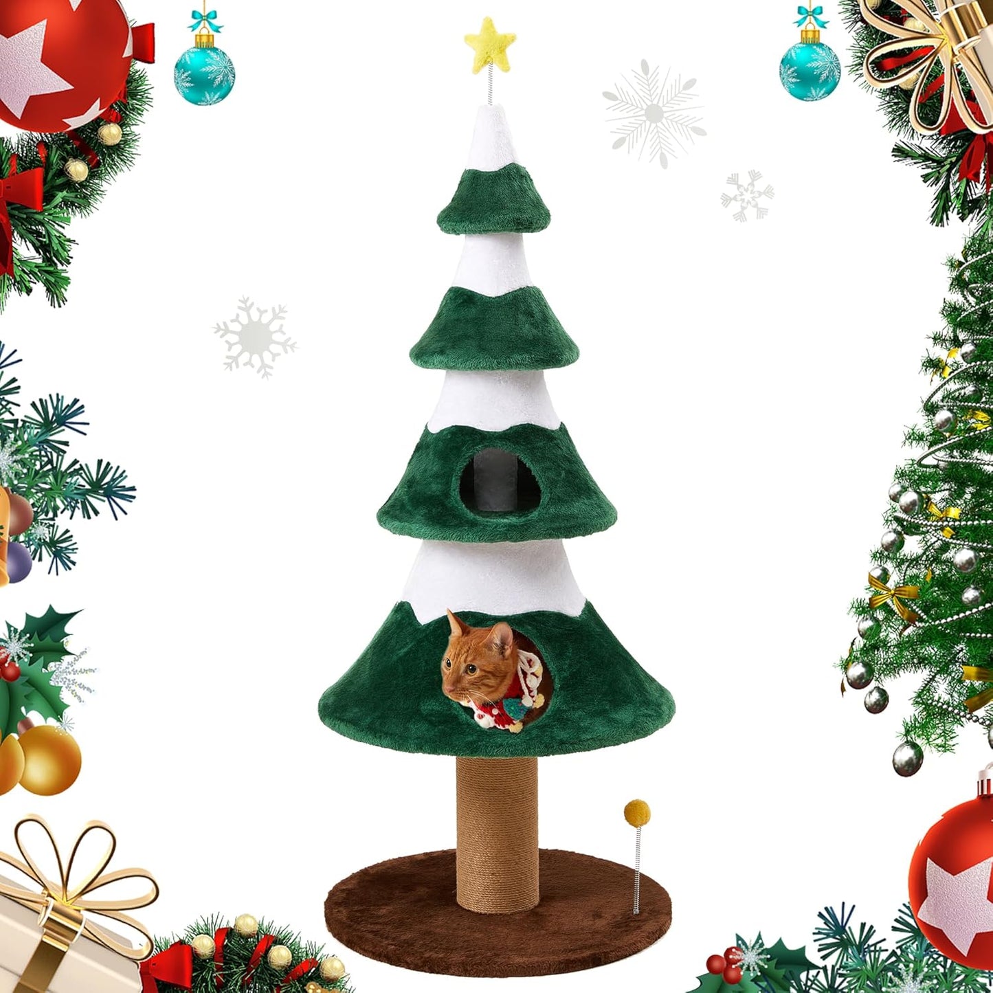 Keygarzone Christmas Tree Cat Tower for Indoor Cats, Multi-Level Wooden Cat Tree