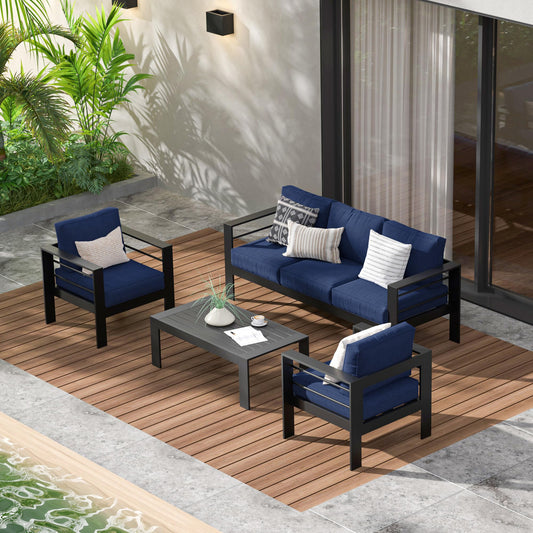 May in Color Aluminum Outdoor Patio Furniture Set, 5 Seats Modern Patio Sectional Sofa Conversation Set, Outdoor Seating Set with Coffee Table for Deck Garden Backyard, Blue