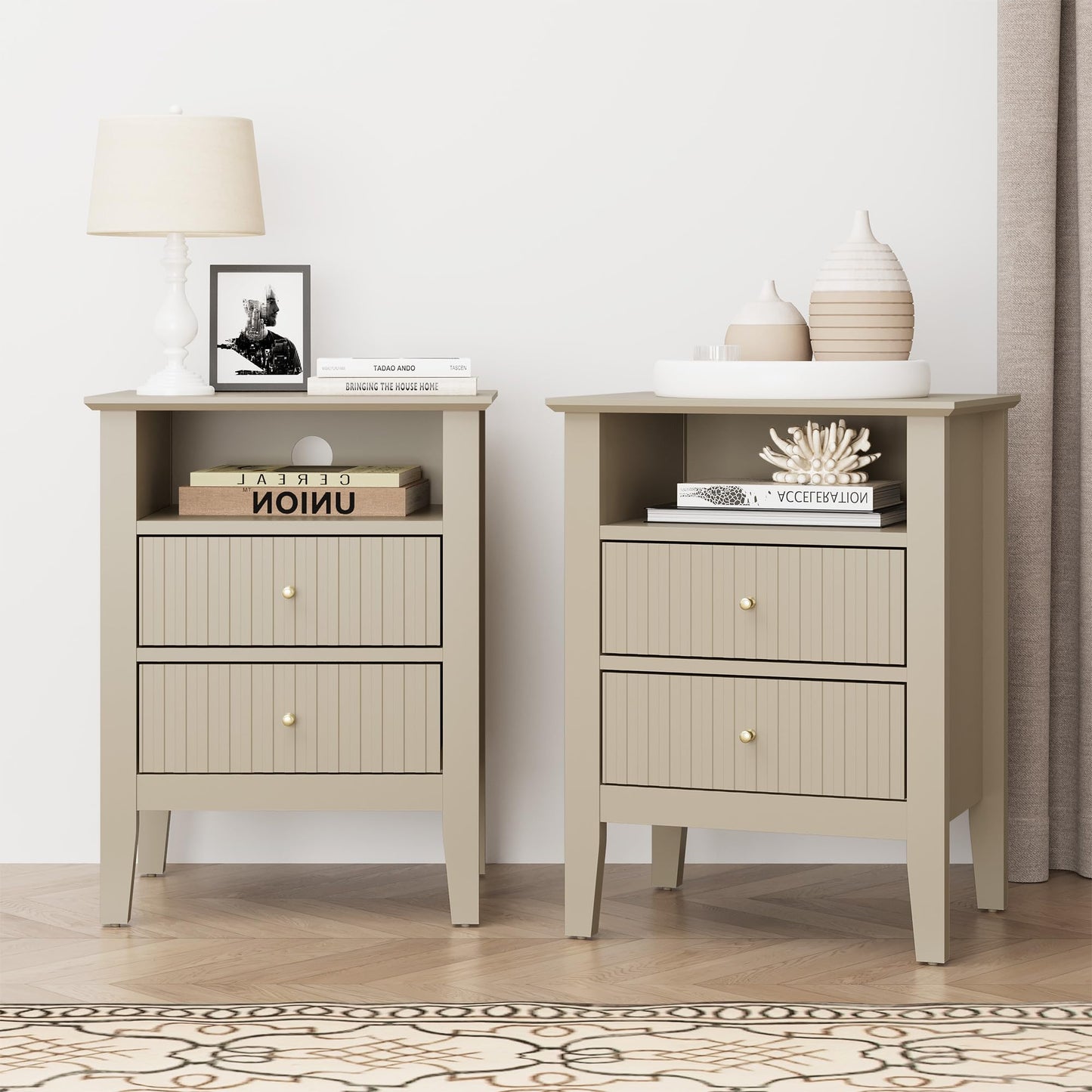 May in Color Fluted Nightstand with 2 Drawers, Modern Wooden Sofa Table with Storage for Small Spaces, Tall End Table for Bedroom