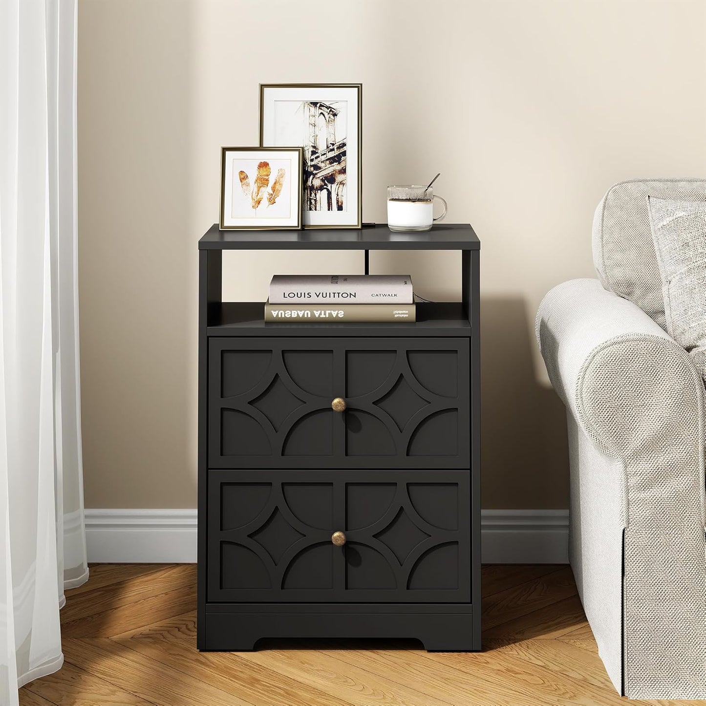 RoyalCraft Large Nightstand with 2 Drawers, Modern Side Table with Charging Station, Accent End Table with Diamond Carvings, Storage Cabinet for Living Room, Bedroom, Entryway