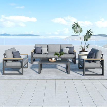 Aluminum Outdoor Patio Furniture Set with Height-adjustable Footrest for Lawn Porches Patio, 5-Seats All-weather Patio Sofa Sets with Coffee Table, Modern Outdoor Patio Conversation set, Grey