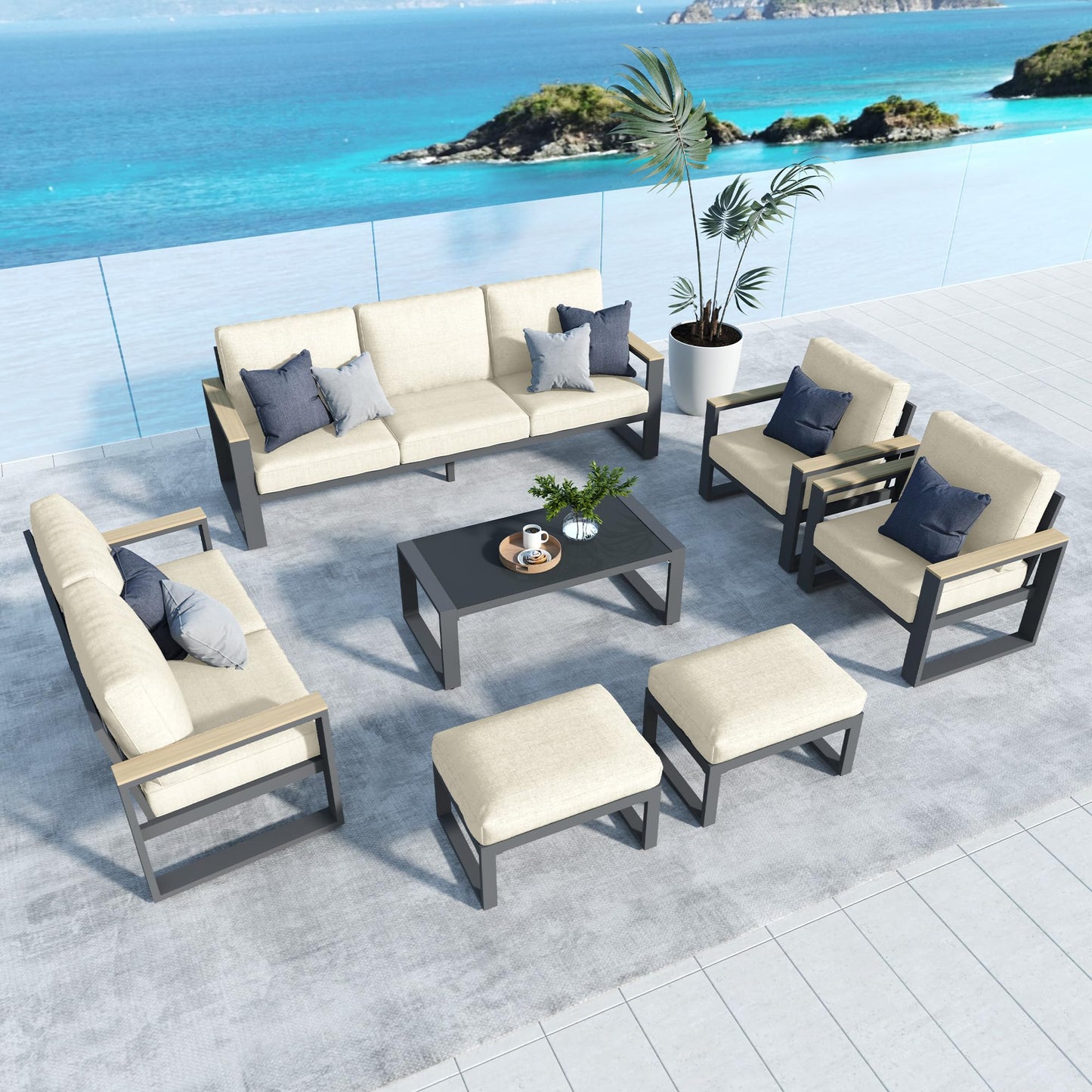 Heynemo Aluminum Patio Furniture, 7 Piece Metal Outdoor Furniture Set with Coffee Table & Ottomans, Modern Patio Sofa Sets Outdoor Conversation Set for Pool Garden Porch Backyard, Beige