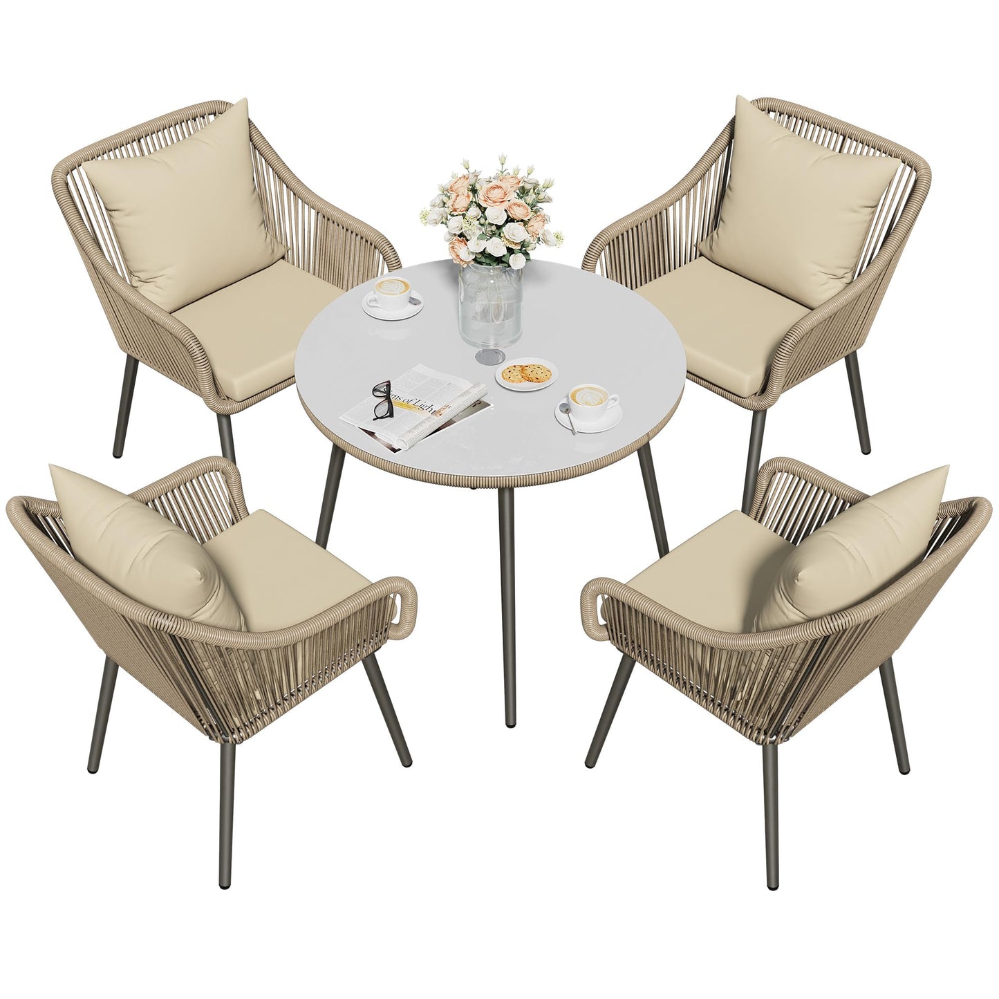 RoyalCraft 5-Piece Patio Dining Table Set, All Weather Twisted Rattan Furniture Set with Cushions, Outdoor Dining Table Chair Set with Umbrella Hole, Ideal for Backyard Balcony Deck Garden, Grey