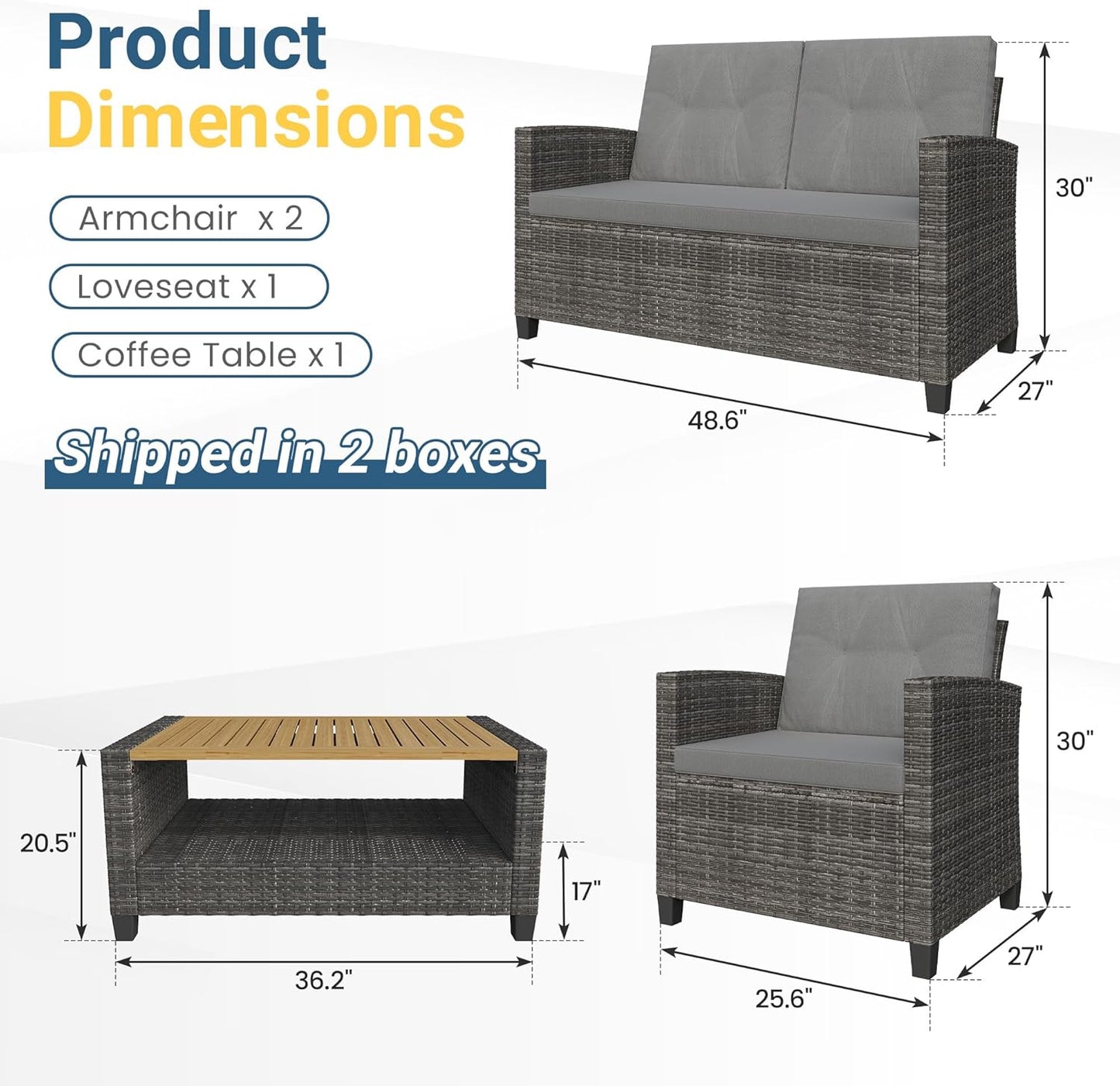 Royalcraft 4-Piece Wicker Patio Conversation Sets with Coffee Table, All Weather Patio Furniture Set with High Backrest, Outdoor Sectional Sofa Couch for Porch Balcony Backyard Deck, Grey