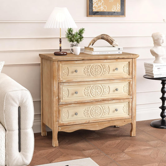 Heynemo 3 Drawer Dresser, Accent Chest of Drawers, Large Capacity Vintage Storage Cabinet, Nightstand Organizer for Bedroom, Living Room
