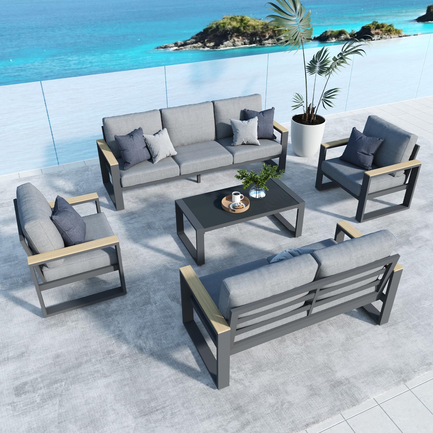 Aluminum Outdoor Patio Furniture Set with Height-adjustable Footrest for Lawn Porches Patio, 7-Seats All-weather Patio Sofa Sets with Coffee Table, Modern Outdoor Patio Conversation set, Grey