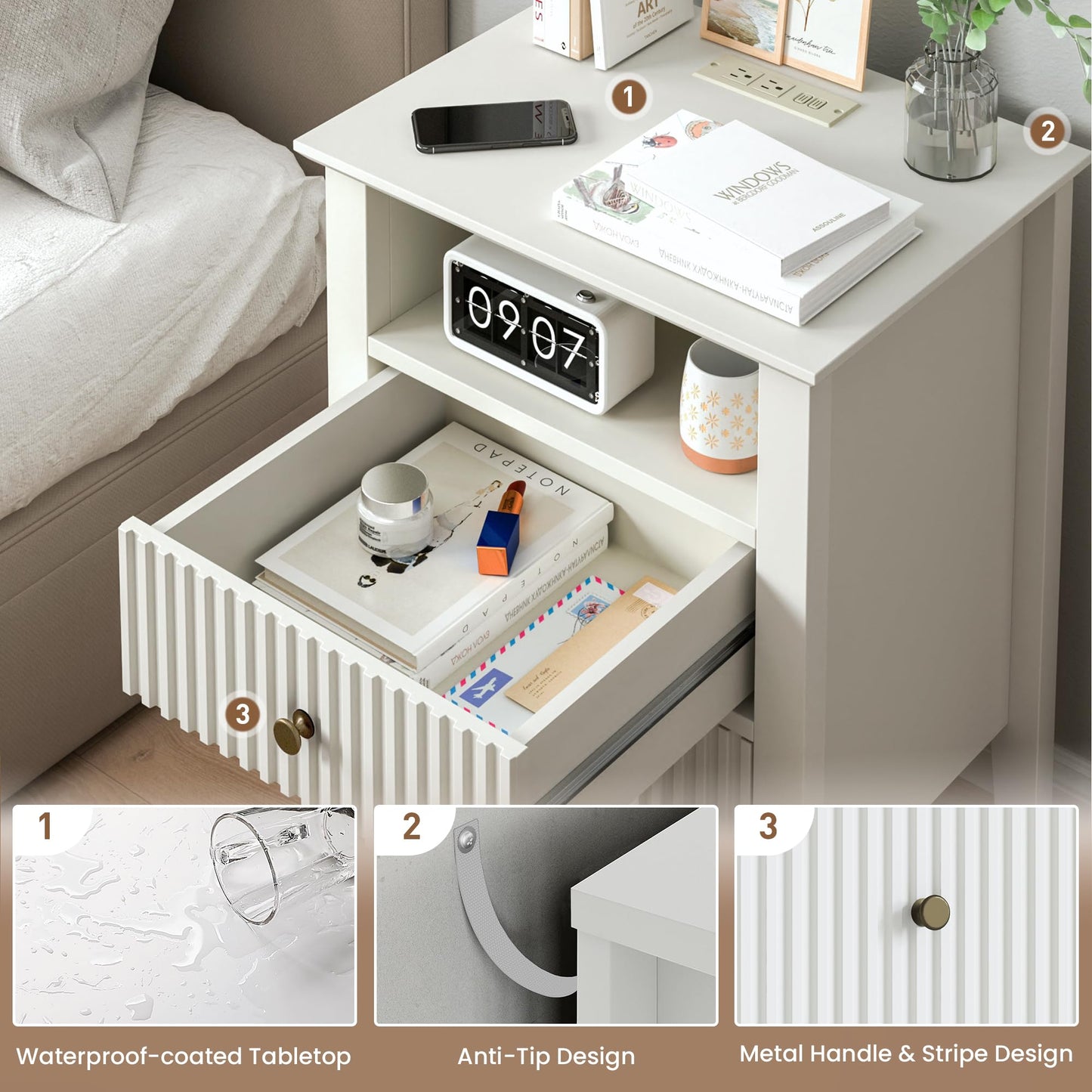 May in Color Fluted Nightstand with 2 Drawers, Modern Wooden Sofa Table with Storage for Small Spaces, Tall End Table for Bedroom