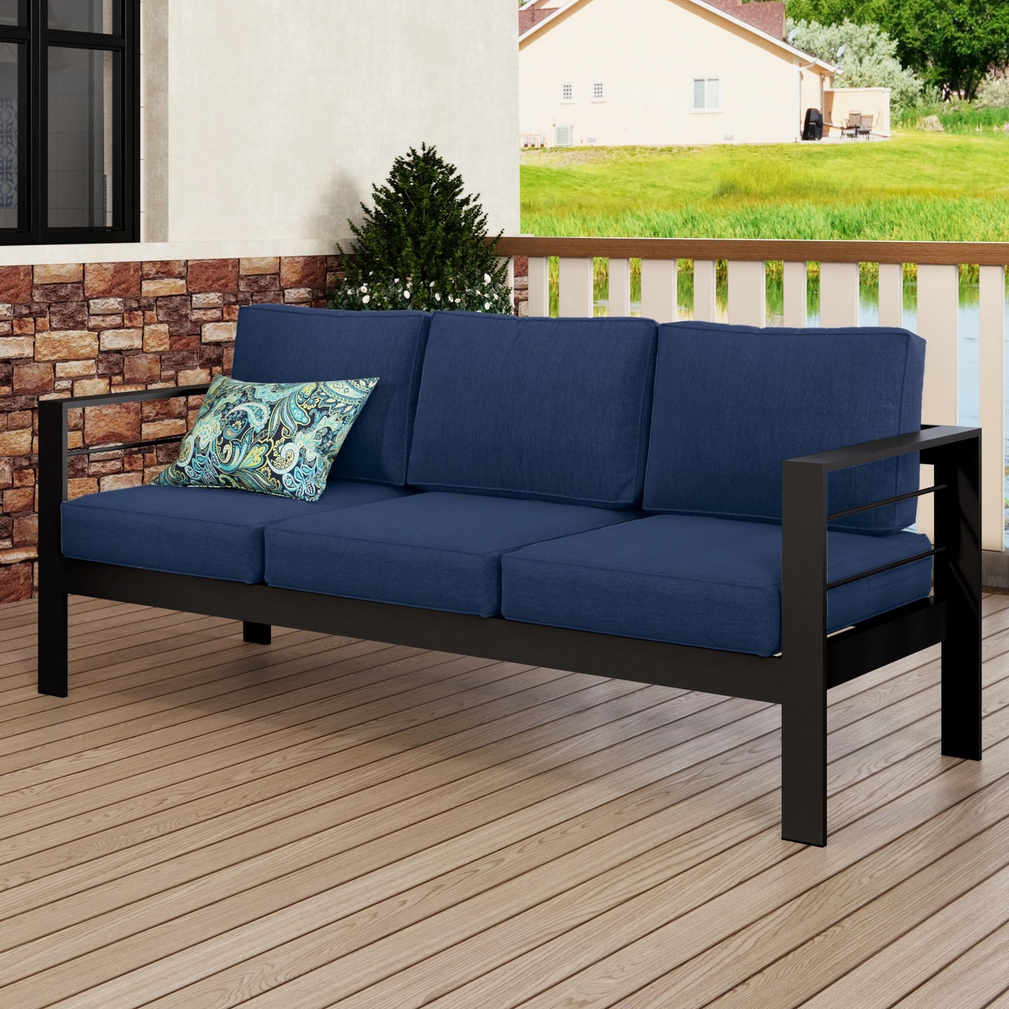 CozyHome Outdoor Couch Aluminum Patio Furniture Sofa, 3-Seat All-Weather Metal Outdoor Patio Furniture with Cushions,Deep Blue