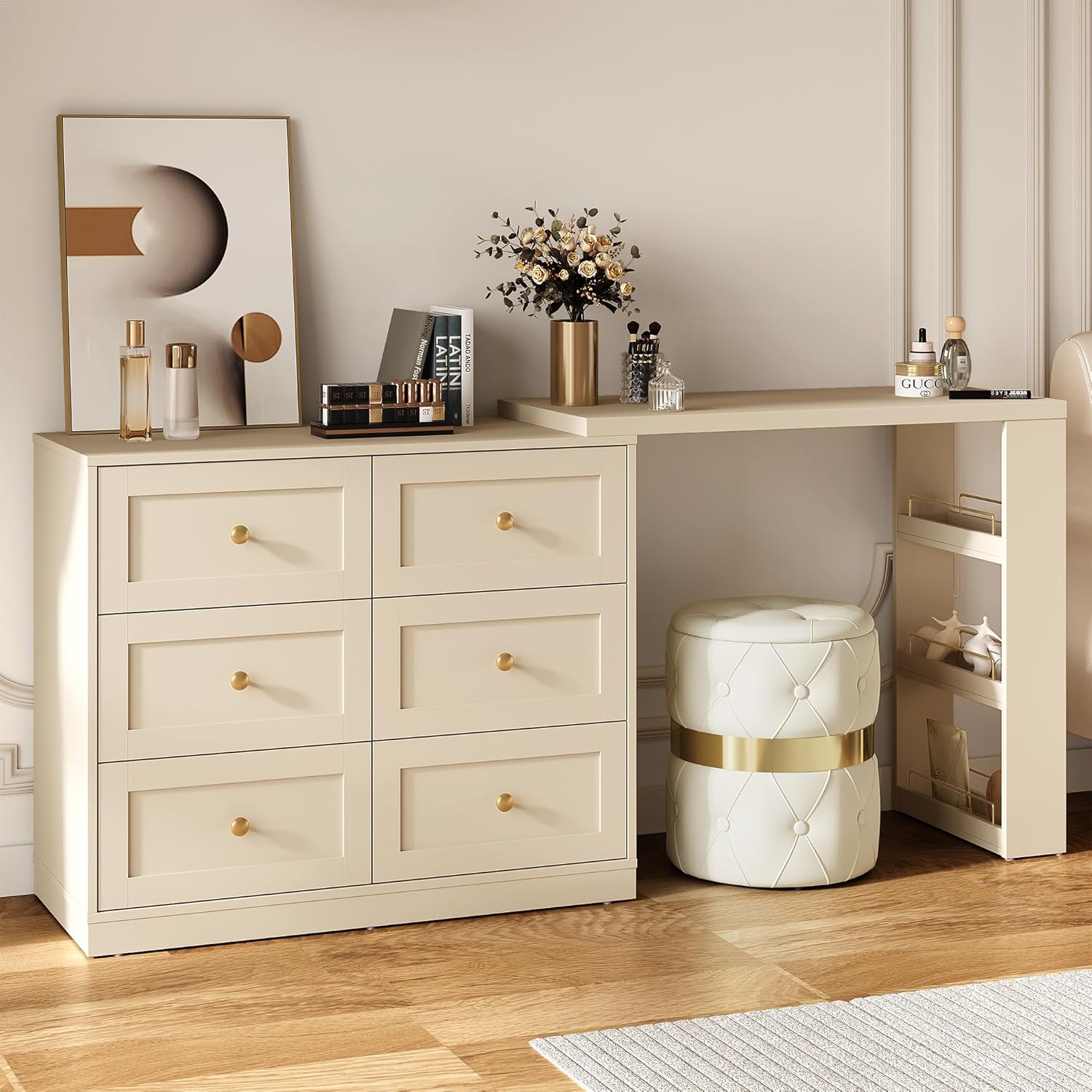 Royalcraft 6-Drawer Extendable Corner Vanity Table and Dresser Combo w ...