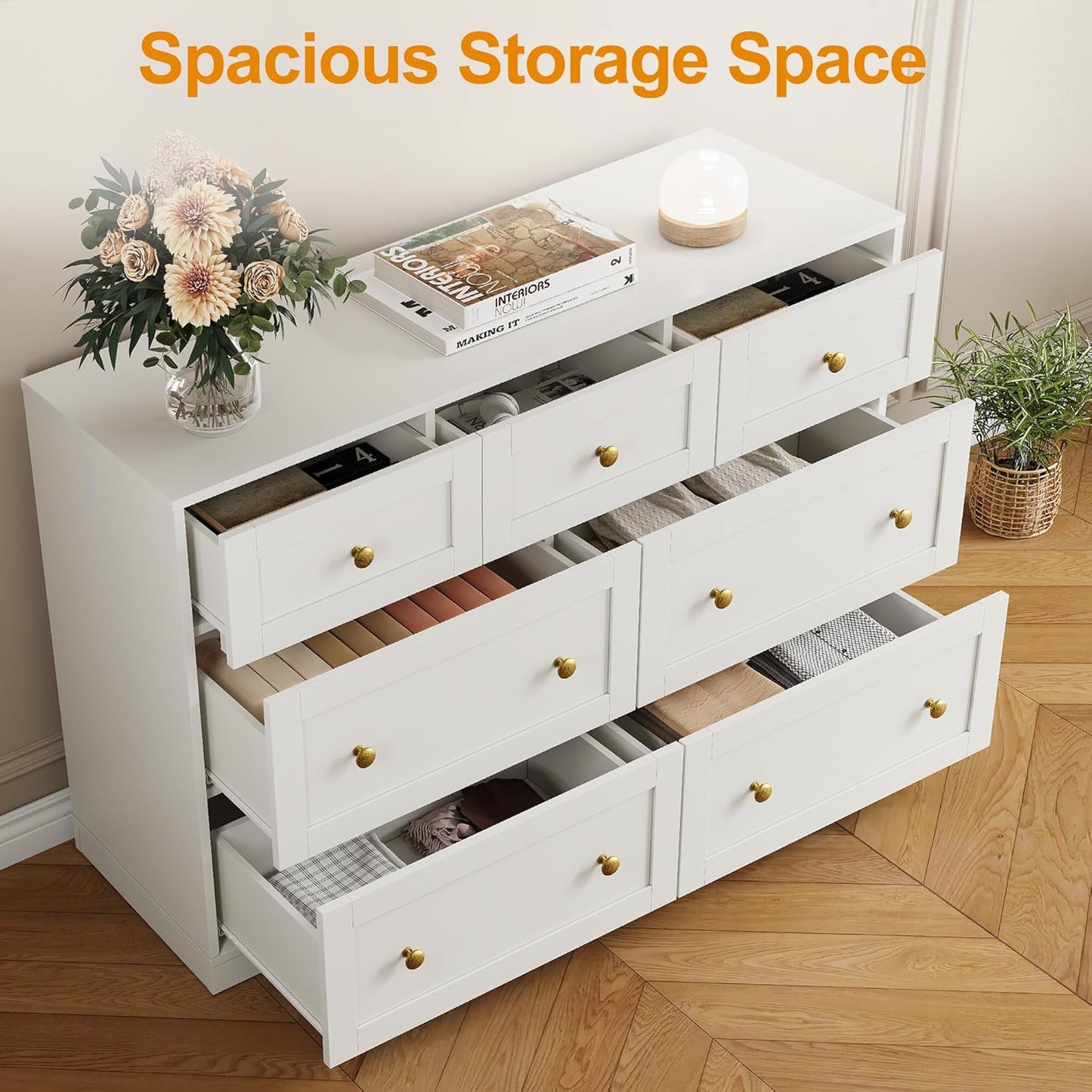 Royalcraft 7 Drawer Dresser, Modern Chest of Drawers with Gold Knobs, Wooden TV Stand Storage Organizer for Bedroom, Living Room, Entryway