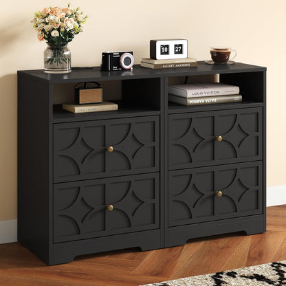 RoyalCraft Large Nightstand with 2 Drawers, Modern Side Table with Charging Station, Accent End Table with Diamond Carvings, Storage Cabinet for Living Room, Bedroom, Entryway, Set of 2